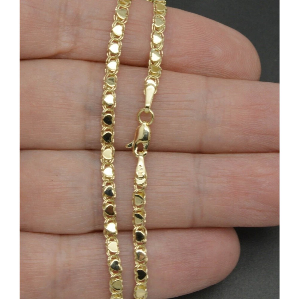 10k Yellow Solid Gold Mirrored Heart Link Reversible Anklet Bracelet 9 10